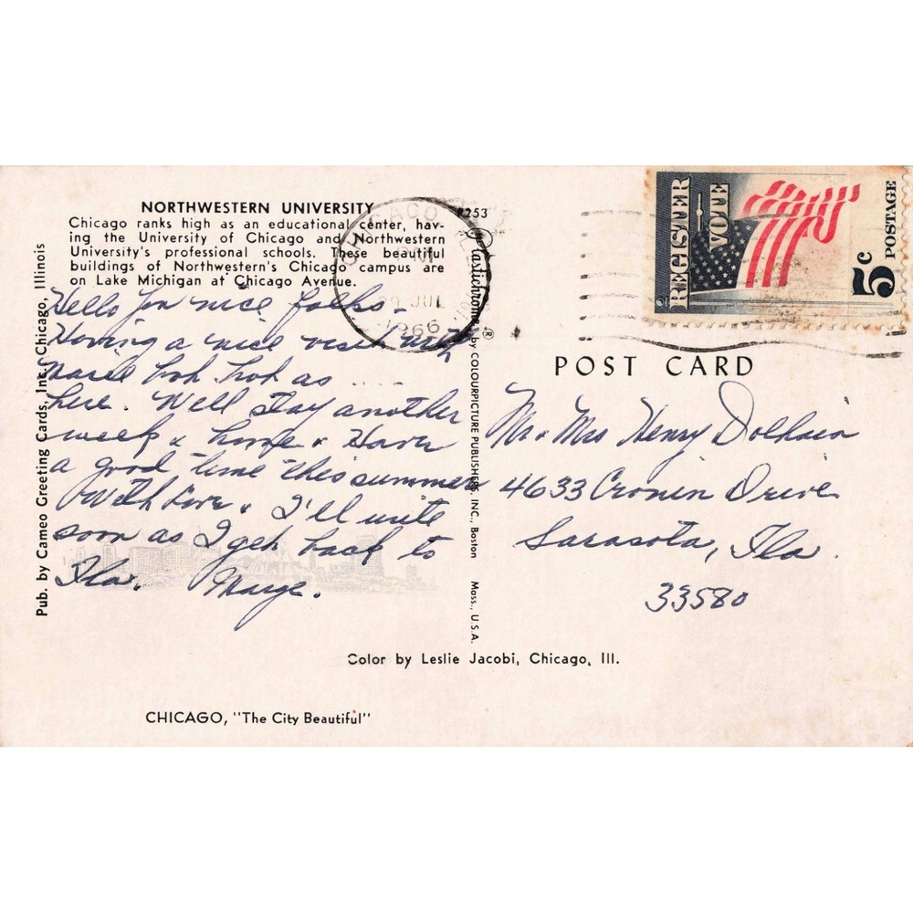 Vintage Northwestern University Chicago Campus Postcard 1966 Postmark Illinois - Picture 2 of 2